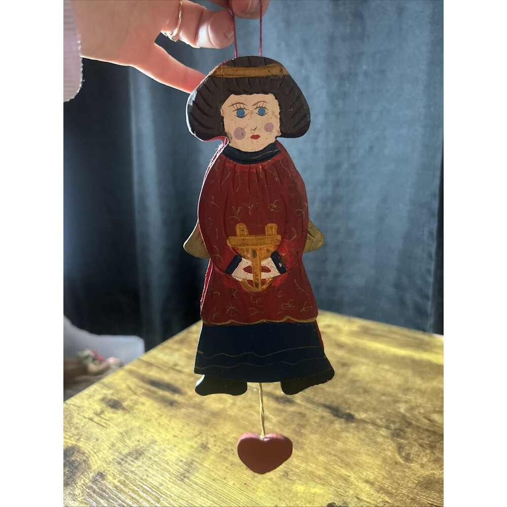 Angel Wooden Christmas Vintage Ornament W/ Harp Heart String Wings Brown Hair - Picture 3 of 10